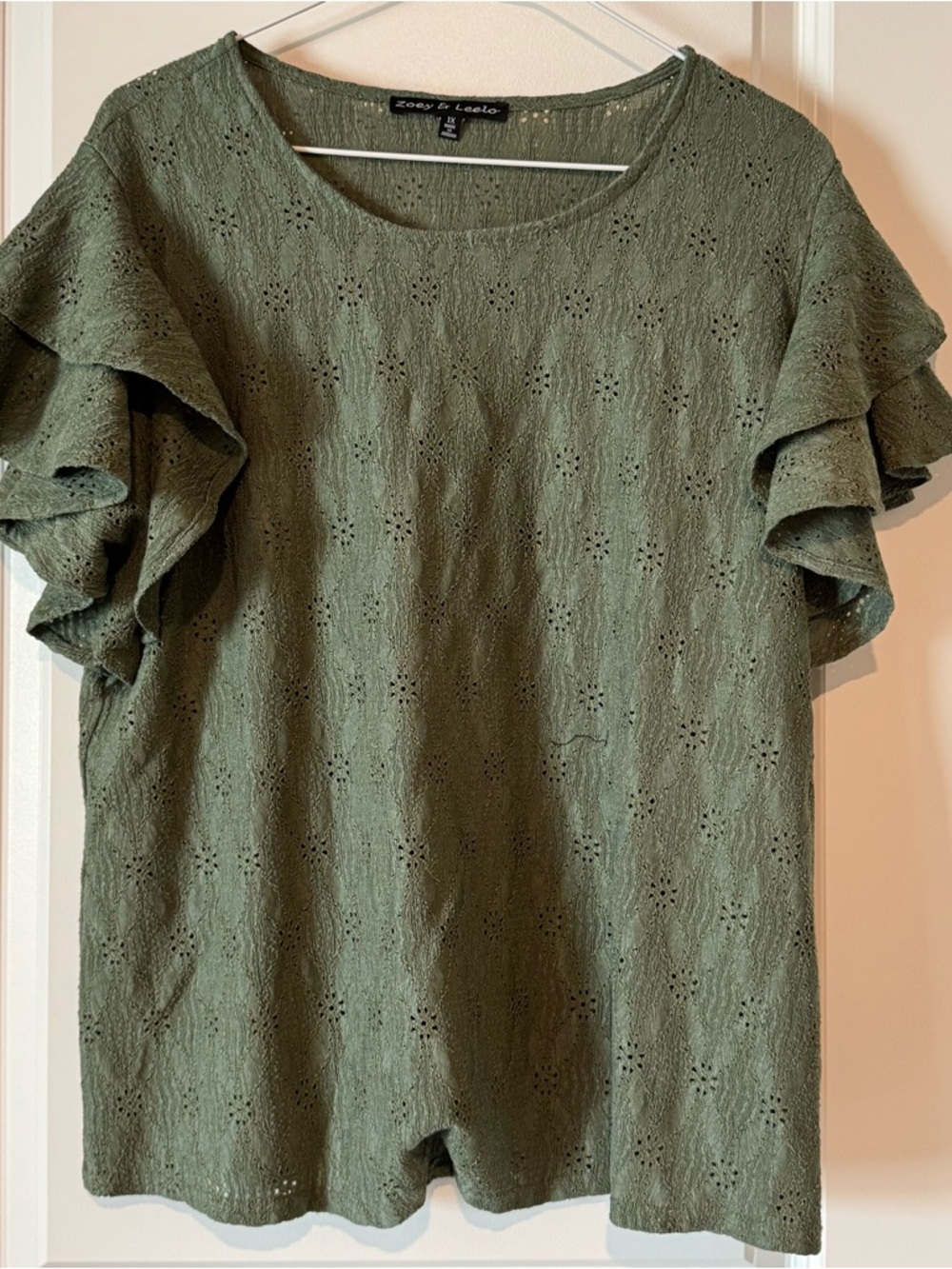 Zoey Er Leelo Eyelet Ruffle Sleeve Blouse in Olive 1X
